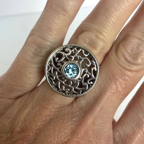 Sterling Silver 925 Round Blue Topaz Scrollwork Wide Band Statement Ring Sz 5.75 - Picture 3 of 16